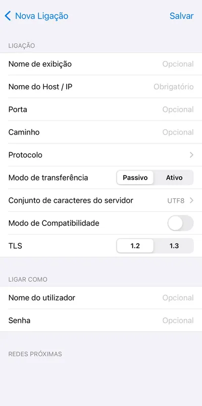 FTP Manager - FTP connection parameters screen