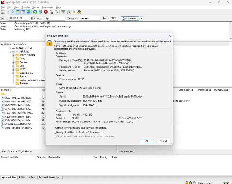 FileZilla trust certificate popup