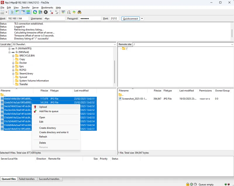 Uploading files in FileZilla
